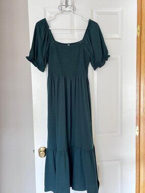 Dark Green Anrabess midi maxi smocked short sleeved spring summer dress Med M